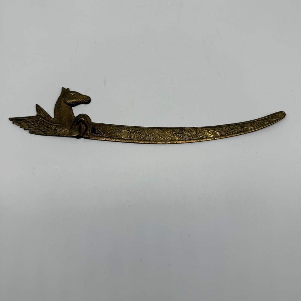 Vintage Pegasus Brass‎ Letter Opener Gold Brass Engraved 9" Scimitar Blade MCM
